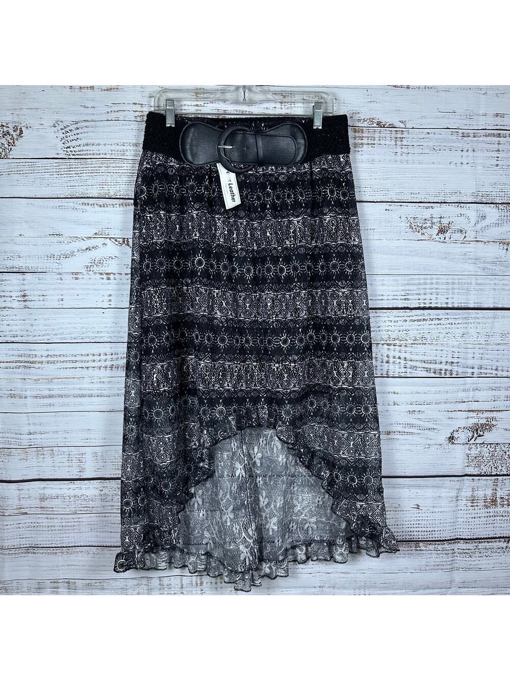 Womens Y2k No Boundaries Black White Lace Ruffle Asymmetric Midi Skirt Goth XL